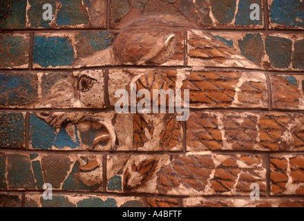 Detail of glazed brick lion head on frieze of procession street in Babylon (604-562 BC), Museum of the Ancient Orient, Istanbul Stock Photo