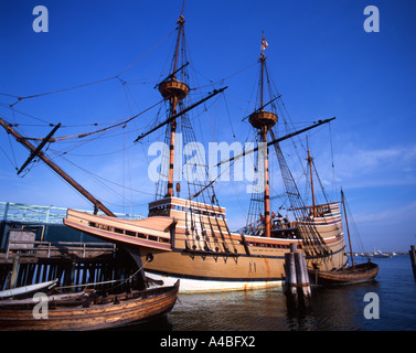 Replica of the Mayflower moored in the dock in Plymouth Massachusetts, USA Stock Photo