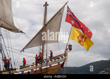 A detail of the replica of the 17th Century Dutch ship The Duyfken in the parade of sail on the Derwent River in Hobart Stock Photo