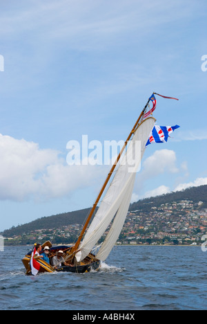 Traditional gaff rigged Dutch sail boat sailing on the Derwent River at Hobart Tasmania Stock Photo