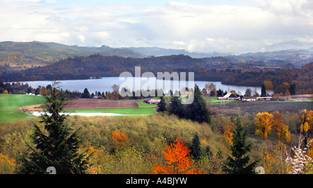 39,029.09442 Fall color enhances the panoramic view of a rural mountain valley and its large lake. Stock Photo