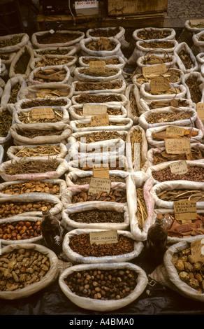 Rio de Janeiro, Brazil. Medicinal herbs, many from the Amazon, on sale in a street market. Stock Photo