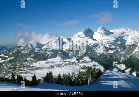 GV of the ski resort of Leysin in the canton of Vaud Switzerland taken from the ski resort of Villars Stock Photo