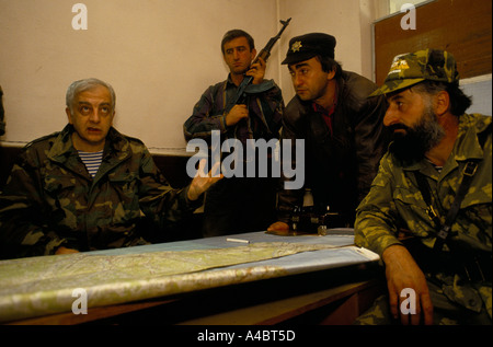 OCHAMCHIRE, GEORGIA, 29th SEPTEMBER 1993: Ex-president Gamzakurdia, in military fatigues, making a brief visit to the military HQ in Ochamchire.  By blocking the re-supply of government troops during the battle for Sukhumi the week before he ensured that Sukhumi would fall to the Abkhazians.   Two days later he abandonded the whole region to advancing Abkhazian forces leaving Geogians to fend for themselves.  Ochamchire was the next town to fall to advancing Abkhazian forces. Stock Photo