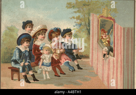 Punch & Judy show on advertisement for French fashion shop circa 1890. Stock Photo