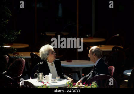 Buenos Aires, Argentina. Elderly couple drinking coffee at a cafe. Stock Photo