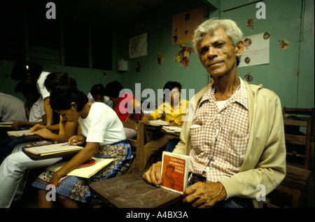 Boaco, Nicaragua, June 1981; An older man takes part in Nicaragua's adult literacy campaign promoted by the Sandinista government. Stock Photo