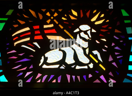 Stained Glass In Roman Catholic Church Depicting The Lamb Of God Stock Photo