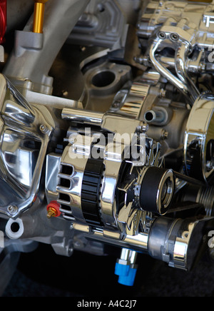 Chrome engine with alternator and airconditioning pump, drive belts Stock Photo