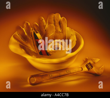 Construction industry - hard hat and tools Stock Photo