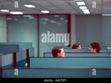 Three heads appear above office cubicle walls Stock Photo
