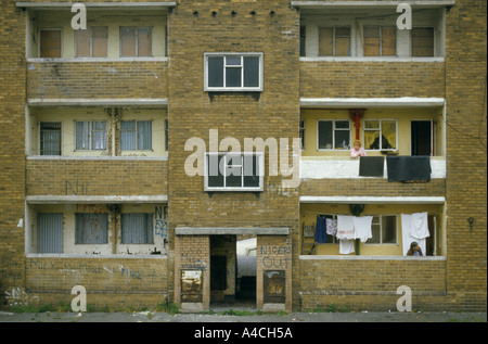"Two flats in this run down housing estate in Liverpool, England are still occupied but most of the flats are boarded up.  " Stock Photo