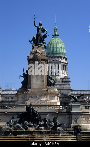 Buenos Aires, Argentina. Detail from the Congress building and fountain with graffiti: 'The Rolling Stones'.