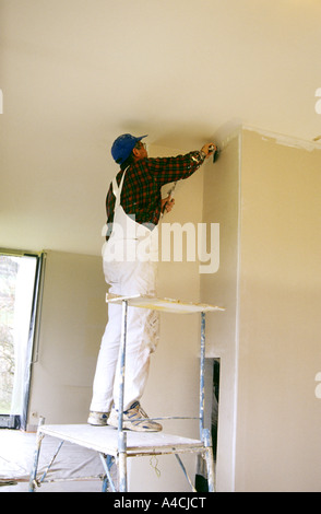 Decorator painting a wall inside a house Stock Photo