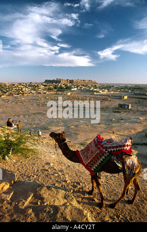 India Rajasthan Jaisalmer fort and town town from Vyas Ki Chhatri, chhattris with camel Stock Photo