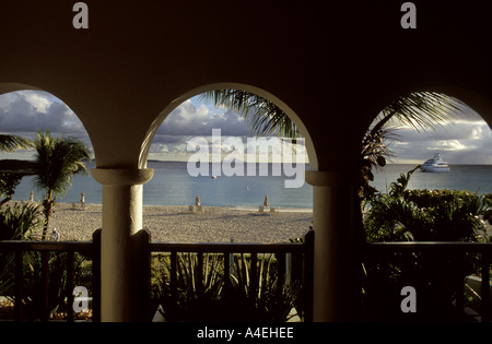 a view of the beach from a hotel at the resort of cap juluca on the caribbean island of anguilla Stock Photo