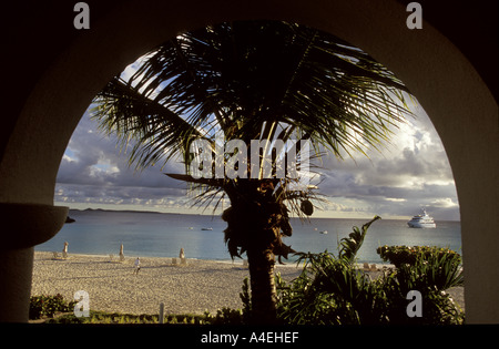 a view of the beach from a hotel at the resort of cap juluca on the caribbean island of anguilla Stock Photo
