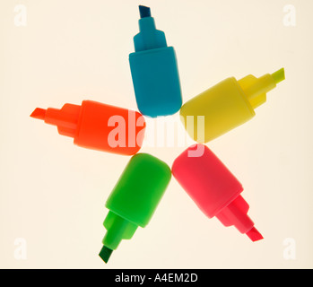 Five mini highlighter pens pink green blue yellow and orange Stock Photo