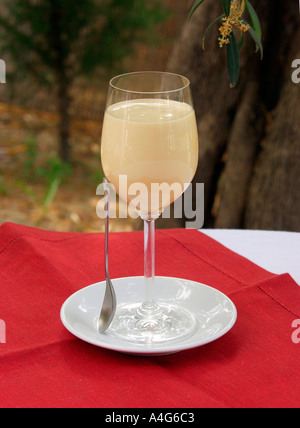 Zabaglione in wine glass on red tablecloth outdoors Stock Photo