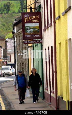 View of Llandovery street with the Plough Hotel Carmarthenshire West Wales UK Stock Photo