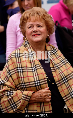 Cynthia Payne wearing Burberry shawl at the annual Man v Horse race at Llanwrtyd Wells Powys Mid Wales UK Stock Photo