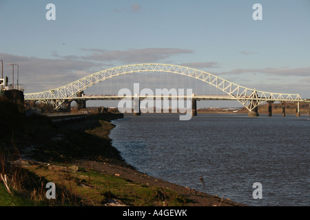 The old Silver Jubilee Bridge over the River Mersey and Manchester Ship Canal between Runcorn & Widnes, Cheshire, prior to major refurbishment