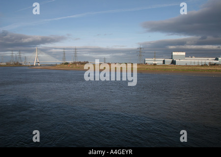 Panaramic view of Flintshire Bridge Dee Crossing and Shotton Steelworks Corus Deeside Flintshire in North Wales Stock Photo