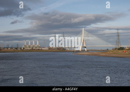 Connahs Quay Power Station and Flintshire Bridge crossing the River Dee at Deeside North East Wales Stock Photo