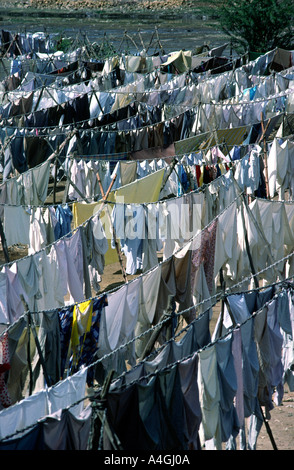 Pakistan Sind Karachi washing drying at Dhobi Ghat laundry area Stock Photo