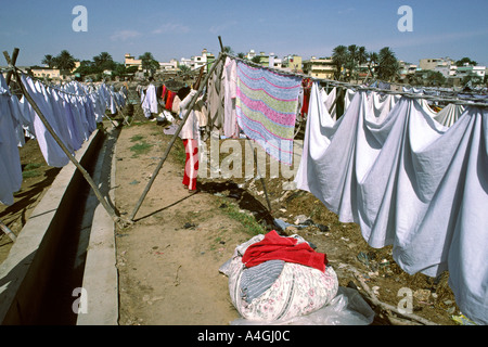 Pakistan Sind Karachi washing drying at Dhobi Ghat laundry area Stock Photo