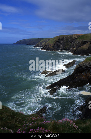Ceibwr Bay Near Moylegrove Rocky wild coastal scenery with stormy sea Pembrokeshire West Wales UK Stock Photo