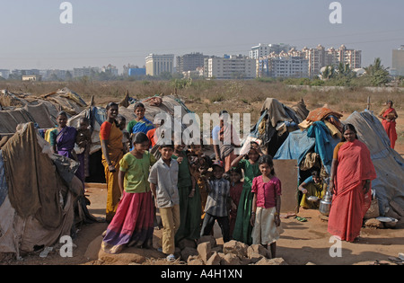 Women and children in a tent settlement, Hyderabad, India