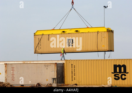 Containers unloaded at Portland Port in Dorset after the MSC Napoli cargo ship was grounded off Branscombe in Devon, Britain UK Stock Photo