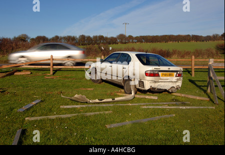Car crash through fence, Britain, UK, RTA, RTC, traffic collision ...