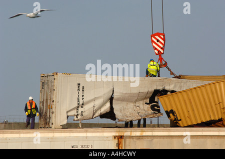 Containers unloaded at Portland Port in Dorset after the MSC Napoli cargo ship was grounded off Branscombe in Devon, Britain UK Stock Photo