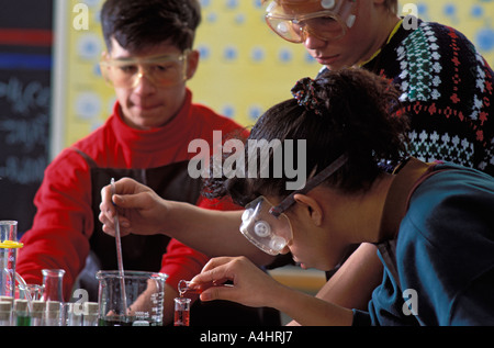 Caucasian and Latino High School students in science class Stock Photo