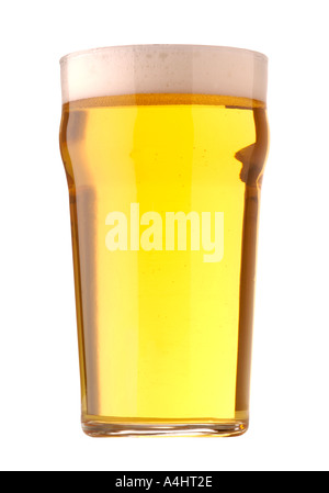 Pint of lager beer with frothy head against white background Stock Photo