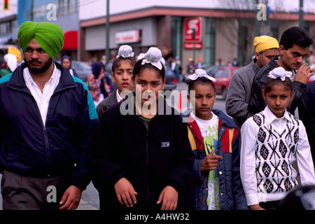 Vaisakhi Festival, Vancouver, BC, British Columbia, Canada - Sikh Family, Father with Children at Sikhs East Indian Parade Stock Photo