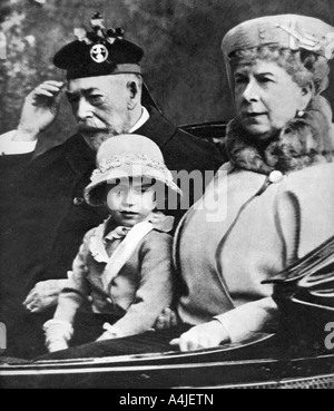King George V and Queen Mary with Princess Margaret driving to church, Balmoral, c1930s. Artist: Unknown Stock Photo