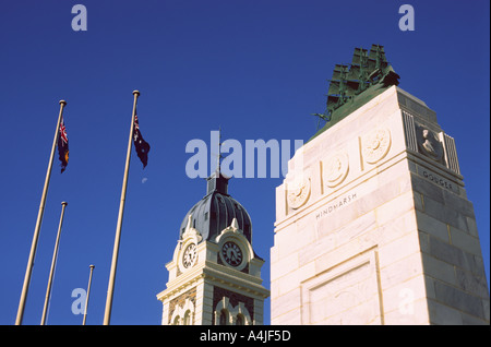 Glenelg South Australia Australian flags townhall clock tower founding memorial moon Stock Photo