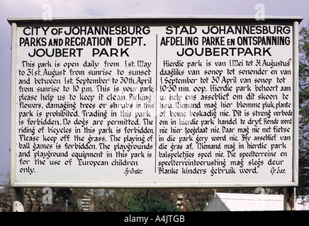 Park sign defining Joubert Park laws and Whites only Policy in Johannesburg South Africa 1973 Stock Photo