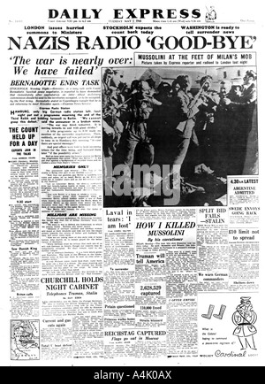 Nazis Radio 'Good-bye', front page of the Daily Express, 1 May 1945. Artist: Unknown Stock Photo