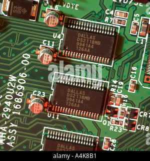 Close up computer printed circuit board and microprocessor chips Stock Photo
