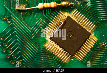 Printed circuit board with central processor and gold plated connections Stock Photo