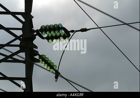 Electrical cables and pylon, close-up Stock Photo