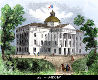 North Carolina state capitol at Raleigh in the 1850s. Hand-colored woodcut Stock Photo