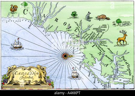 Coast of the Carolinas in the 1600s showing Charleston and the Outer Banks north facing right. Hand-colored woodcut Stock Photo