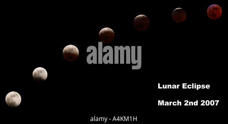 Lunar eclipse sequence 2nd March 2007 taken from potton bedfordshire Stock Photo