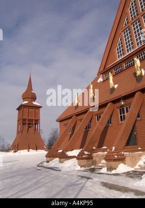 sweden swedish scandinavia lapland kiruna church and belfry in winter landscape Stock Photo