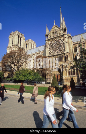 Southern side of Notre Dame cathedral Paris on the Ile de la Cite showing St Stephen s Portal and the Southern Rose Window Stock Photo